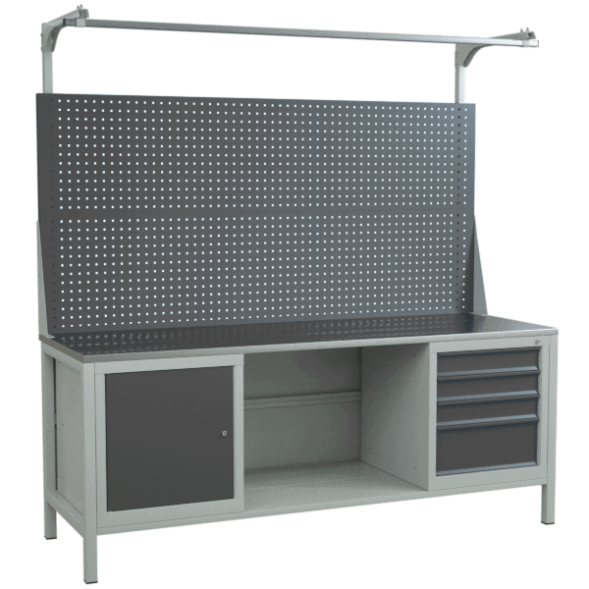 Верстак 2000 с двойным экраном, тумбой с полкой и тумбой с выдвижными ящиками [9564]