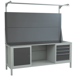 Верстак 2000 с двойным экраном, тумбой с полкой и тумбой с выдвижными ящиками [9566]