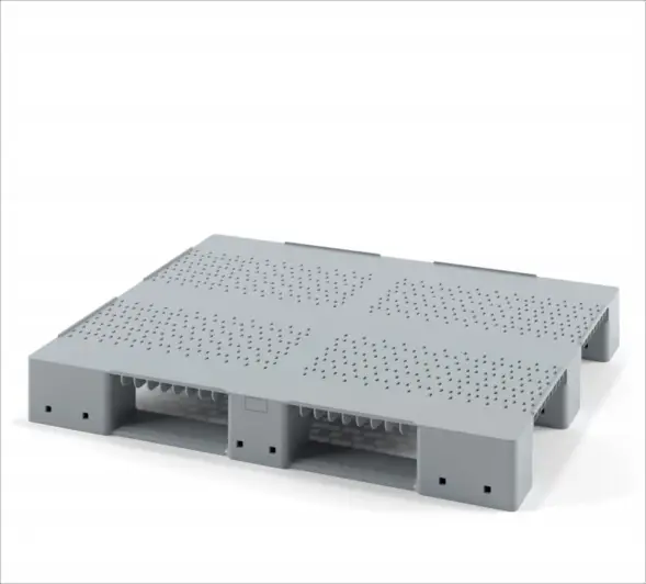 Стеллажный перфорированный пластиковый поддон усиленный одной трубой на трёх полозьях 1200х1000 с бортиком