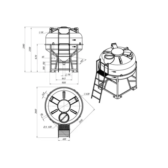 Емкость ЦКТ 3000 л с патрубком 110мм под плотность до 1,5 г/см3 белая в обрешетке с лестницей